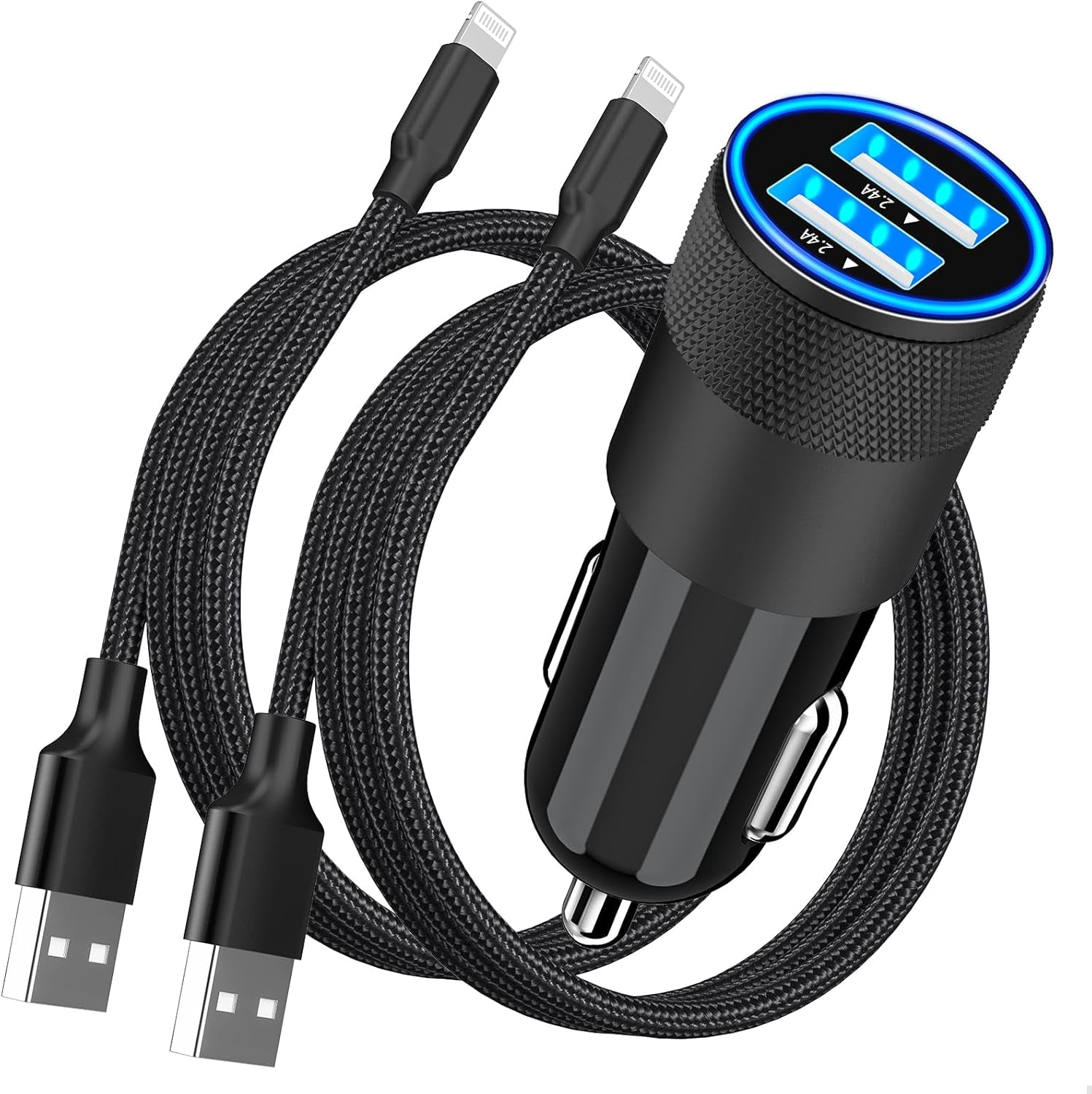 【Mfi Certified】Iphone Fast Car Charger,  4.8A Dual USB Smart Power Cigarette Lighter USB Car Charger + 2Pack Lightning to USB Braided Cable for Iphone 14 13 12 11 Pro/Xs Max/Mini/Xr/Se/X/8/Ipad