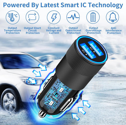 【Mfi Certified】Iphone Fast Car Charger,  4.8A Dual USB Smart Power Cigarette Lighter USB Car Charger + 2Pack Lightning to USB Braided Cable for Iphone 14 13 12 11 Pro/Xs Max/Mini/Xr/Se/X/8/Ipad