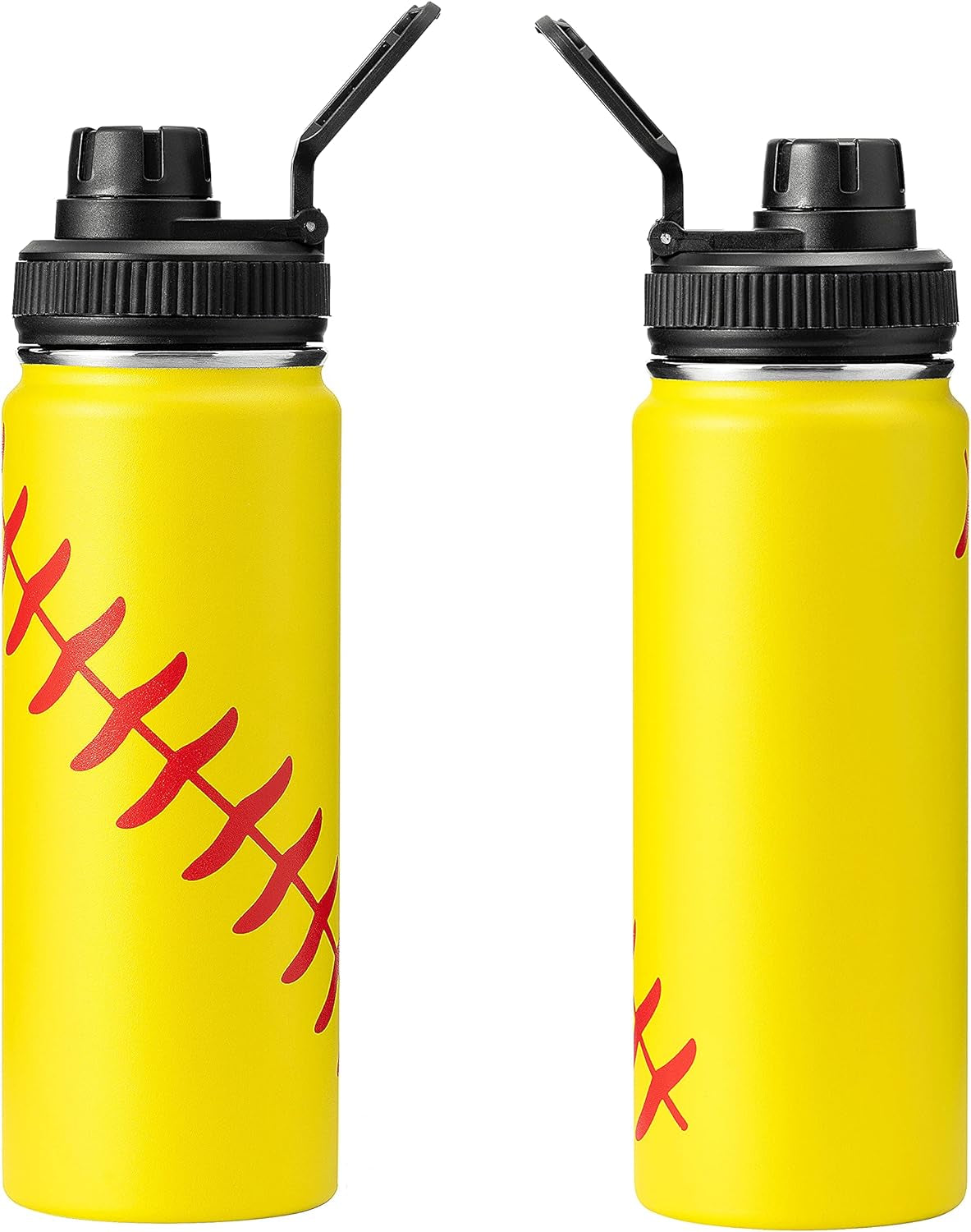 18Oz Stainless Steel Insulated Water Bottles with Straw Wide Mouth Thermos Bottle Softball Baseball Tumbler with Straw (Softball, 18Oz)