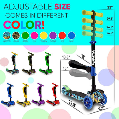 3-Wheeled Scooter for Kids - Wheel LED Lights, Adjustable Lean-To-Steer Handlebar, and Foldable Seat - Sit or Stand Ride with Brake for Boys and Girls Ages 1-14 Years Old