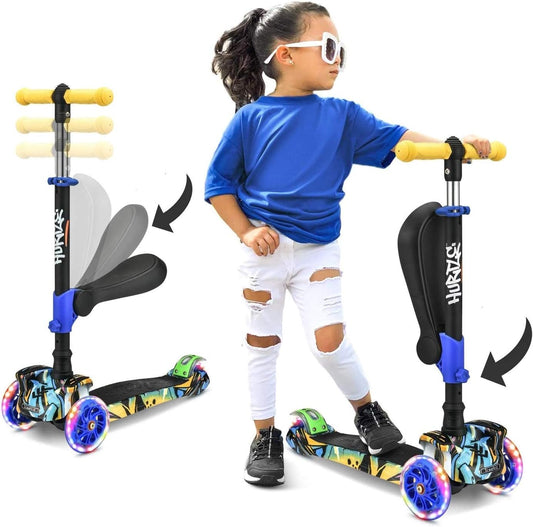 3-Wheeled Scooter for Kids - Wheel LED Lights, Adjustable Lean-To-Steer Handlebar, and Foldable Seat - Sit or Stand Ride with Brake for Boys and Girls Ages 1-14 Years Old