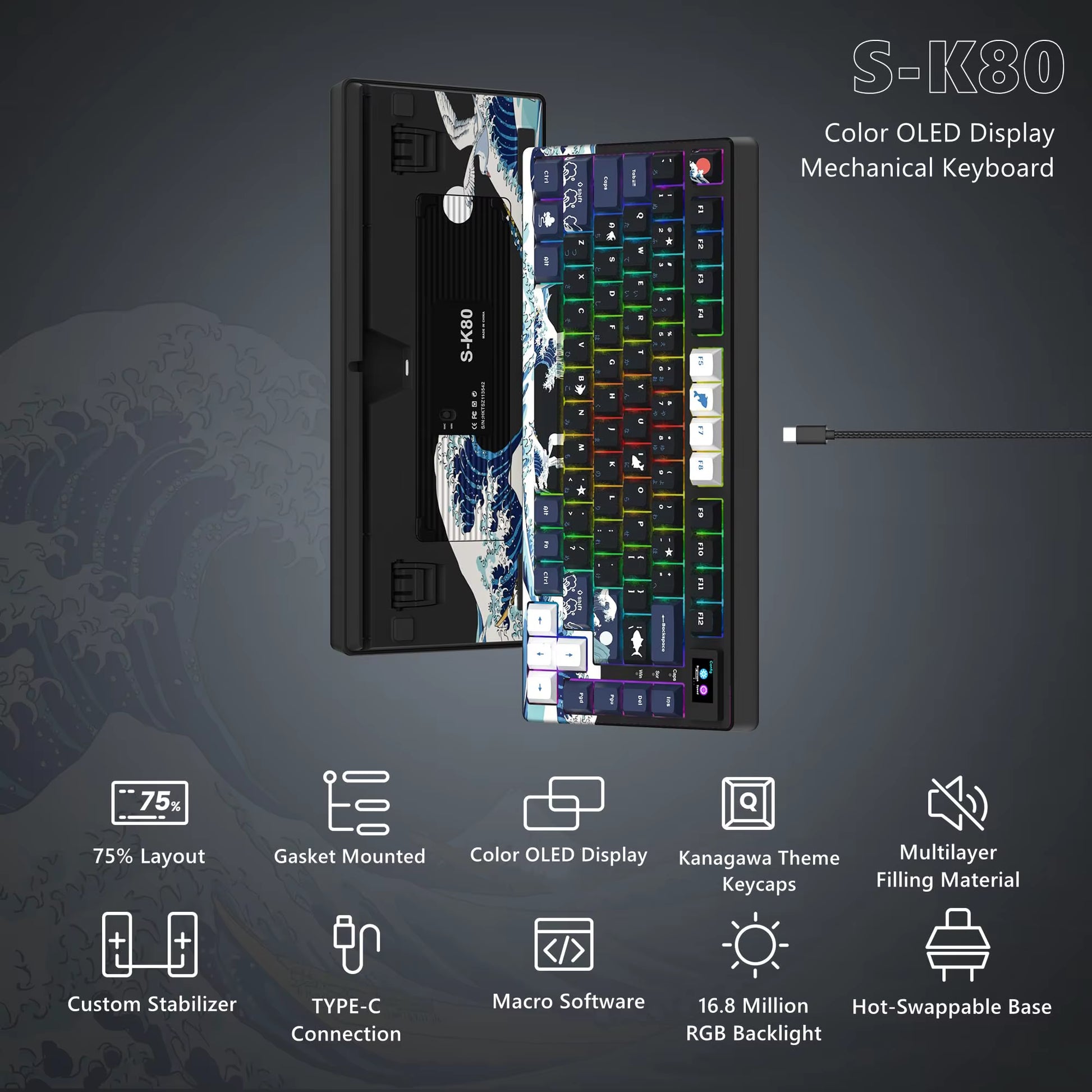 S-K80 75% Keyboard with Color OLED Display Mechanical Gaming Keyboard Hot Swap Keyboard Gasket Mount RGB Custom Keyboard