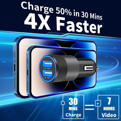 【Mfi Certified】Iphone Fast Car Charger,  4.8A Dual USB Smart Power Cigarette Lighter USB Car Charger + 2Pack Lightning to USB Braided Cable for Iphone 14 13 12 11 Pro/Xs Max/Mini/Xr/Se/X/8/Ipad