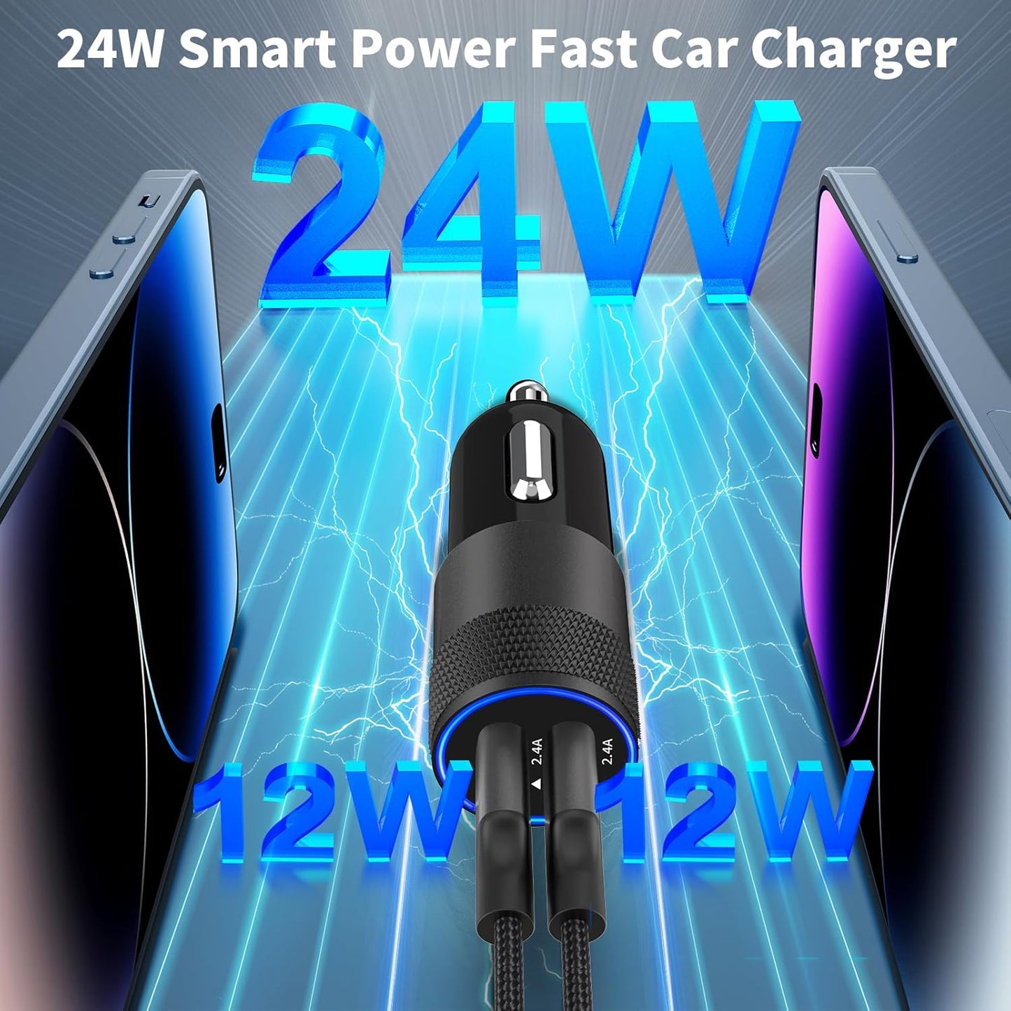 【Mfi Certified】Iphone Fast Car Charger,  4.8A Dual USB Smart Power Cigarette Lighter USB Car Charger + 2Pack Lightning to USB Braided Cable for Iphone 14 13 12 11 Pro/Xs Max/Mini/Xr/Se/X/8/Ipad