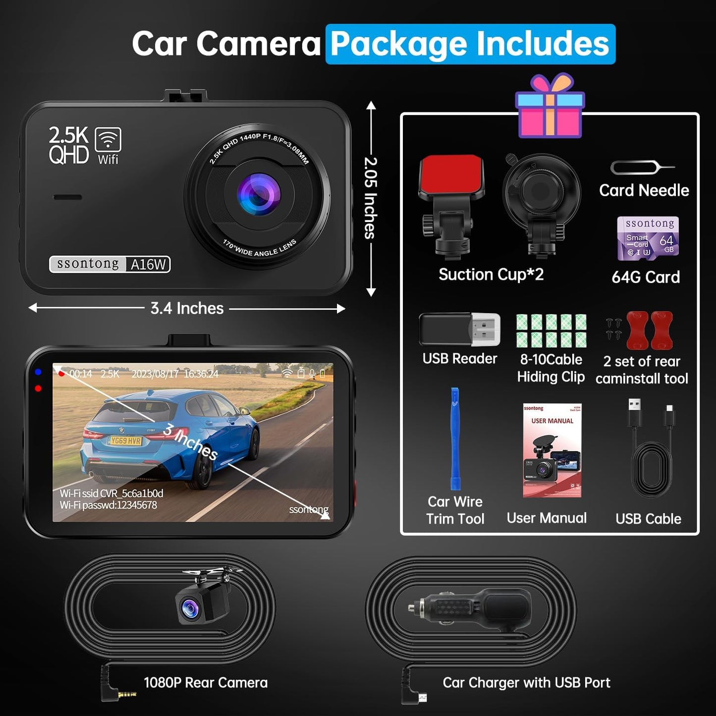 Dash Cam Front and Rear, Dash Camera for Cars Wifi/App Control Dual Dashcam W/ 64GB Card, 2.5K Dash Cam Front+1080P Rear Car Camera W/Super Night Vision, Loop Recording, G-Sensor, Max Support 256GB