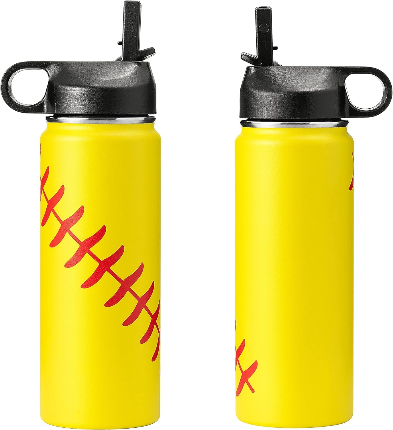 18Oz Stainless Steel Insulated Water Bottles with Straw Wide Mouth Thermos Bottle Softball Baseball Tumbler with Straw (Softball, 18Oz)