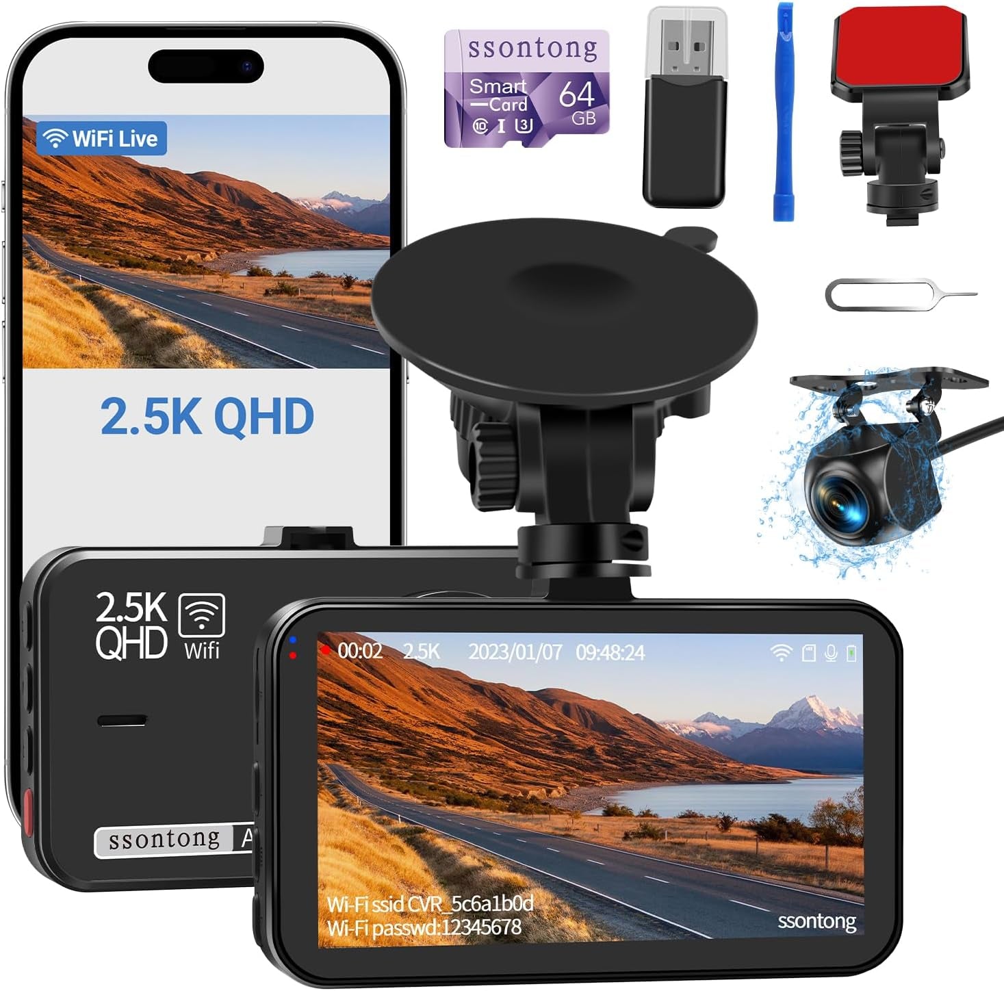 Dash Cam Front and Rear, Dash Camera for Cars Wifi/App Control Dual Dashcam W/ 64GB Card, 2.5K Dash Cam Front+1080P Rear Car Camera W/Super Night Vision, Loop Recording, G-Sensor, Max Support 256GB