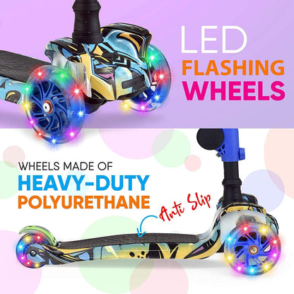 3-Wheeled Scooter for Kids - Wheel LED Lights, Adjustable Lean-To-Steer Handlebar, and Foldable Seat - Sit or Stand Ride with Brake for Boys and Girls Ages 1-14 Years Old