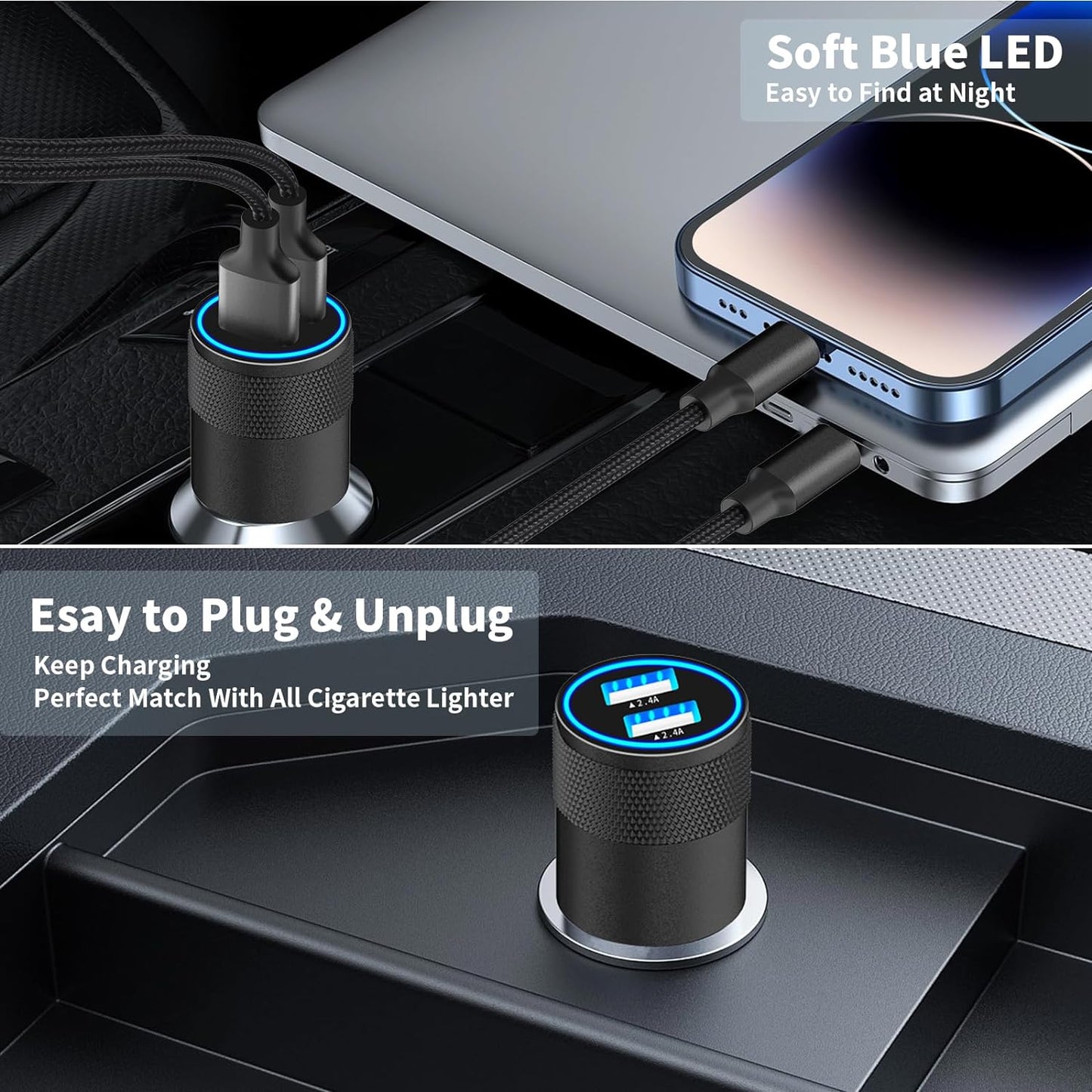 【Mfi Certified】Iphone Fast Car Charger,  4.8A Dual USB Smart Power Cigarette Lighter USB Car Charger + 2Pack Lightning to USB Braided Cable for Iphone 14 13 12 11 Pro/Xs Max/Mini/Xr/Se/X/8/Ipad